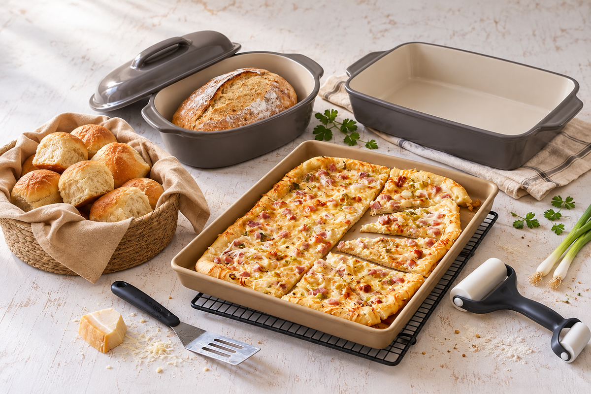 Illustratives Pampered-Chef-Sortiment mit Brotkorb, delfingrauer Stoneware, Flammkuchen und kleinen Küchenhelfern