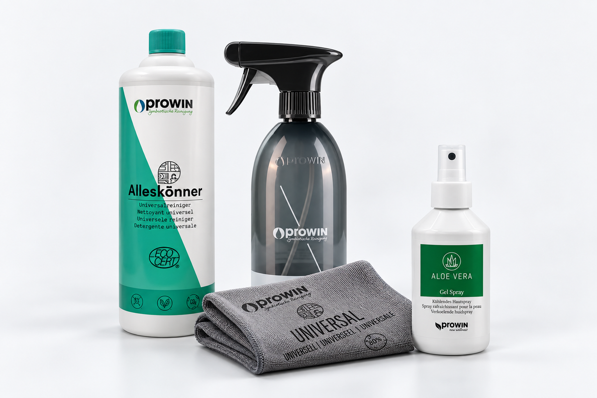 proWIN Reinigungsmittel, Sprühflasche, Mikrofasertuch und Aloe Vera Pflege